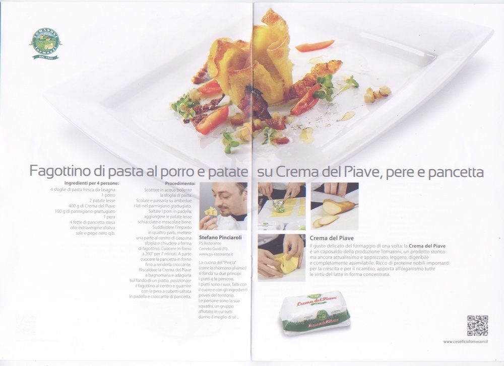 Fagottino di pasta al porro e patate su Crema del Piave,pere e pancetta of Stefano Pinciaroli - Recipefy