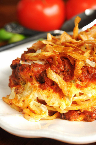 Layered spaghetti casserole topped with french fried onions of Lisa Evanoff - Recipefy