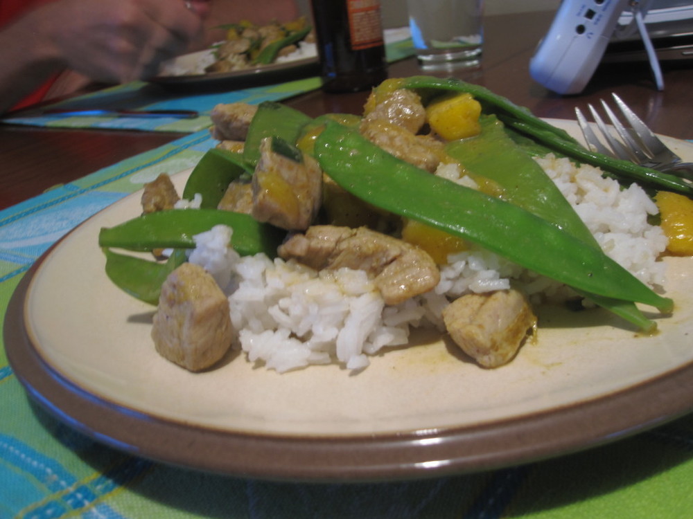 Coconut Curried Pork, Snow Pea, and Mango Stir Fry of Michelle - Recipefy