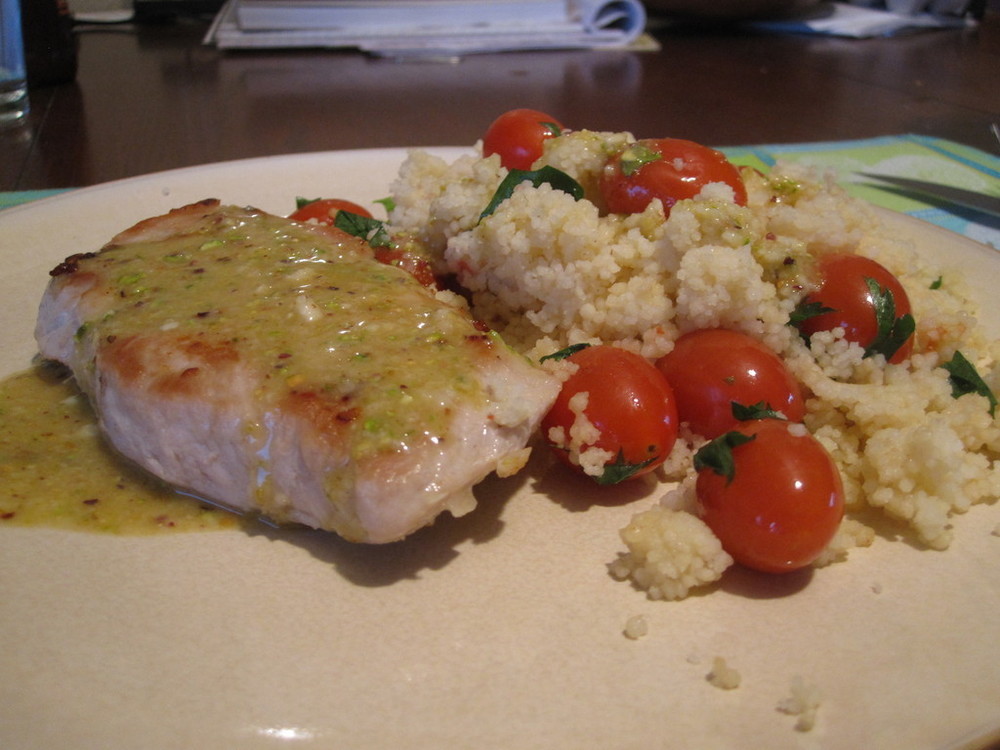 Pork over Couscous with Pistachio Lemon Vinaigrette of Michelle - Recipefy