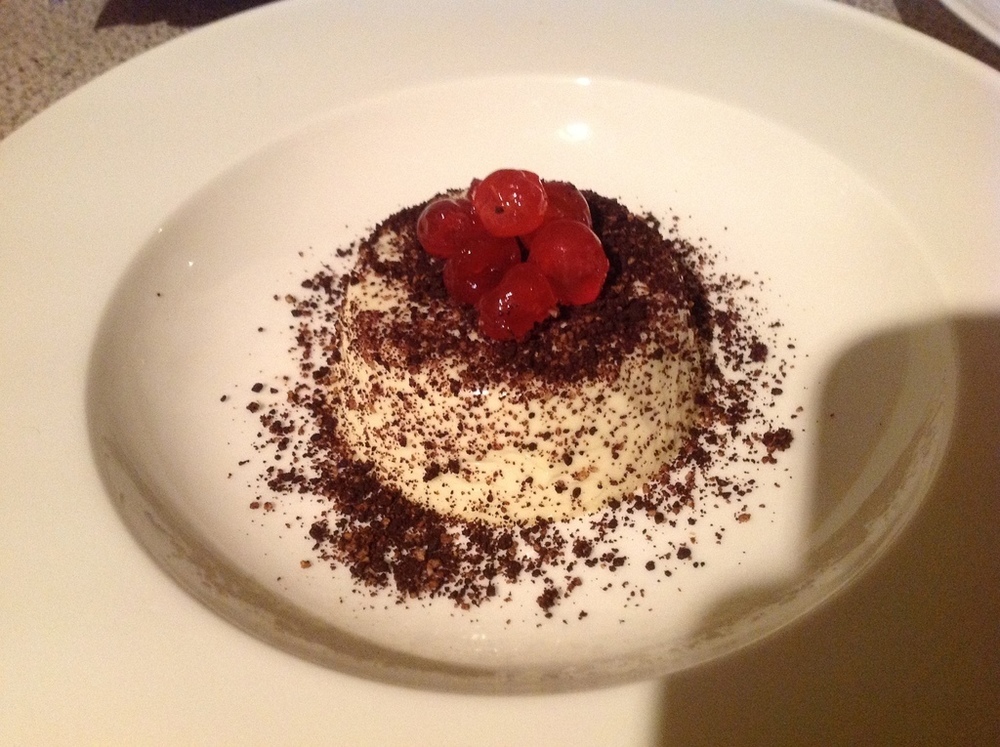 White Chocolate and Ouzo Panna Cotta with Greek Coffee Crumble and Cherry Spoon Sweet of Calvin Atkinson - Recipefy