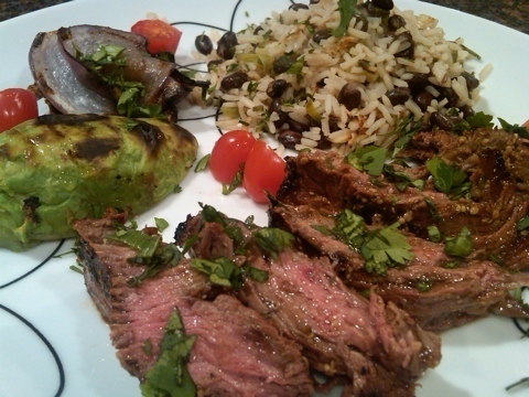 Skirt Steak with Deconstructed Guacamole & Herbed Black Bean Rice of Courtney Glantz - Recipefy