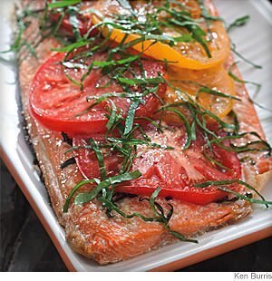 Gilled salmon with tomatoes and basil of Schalene Dagutis - Recipefy